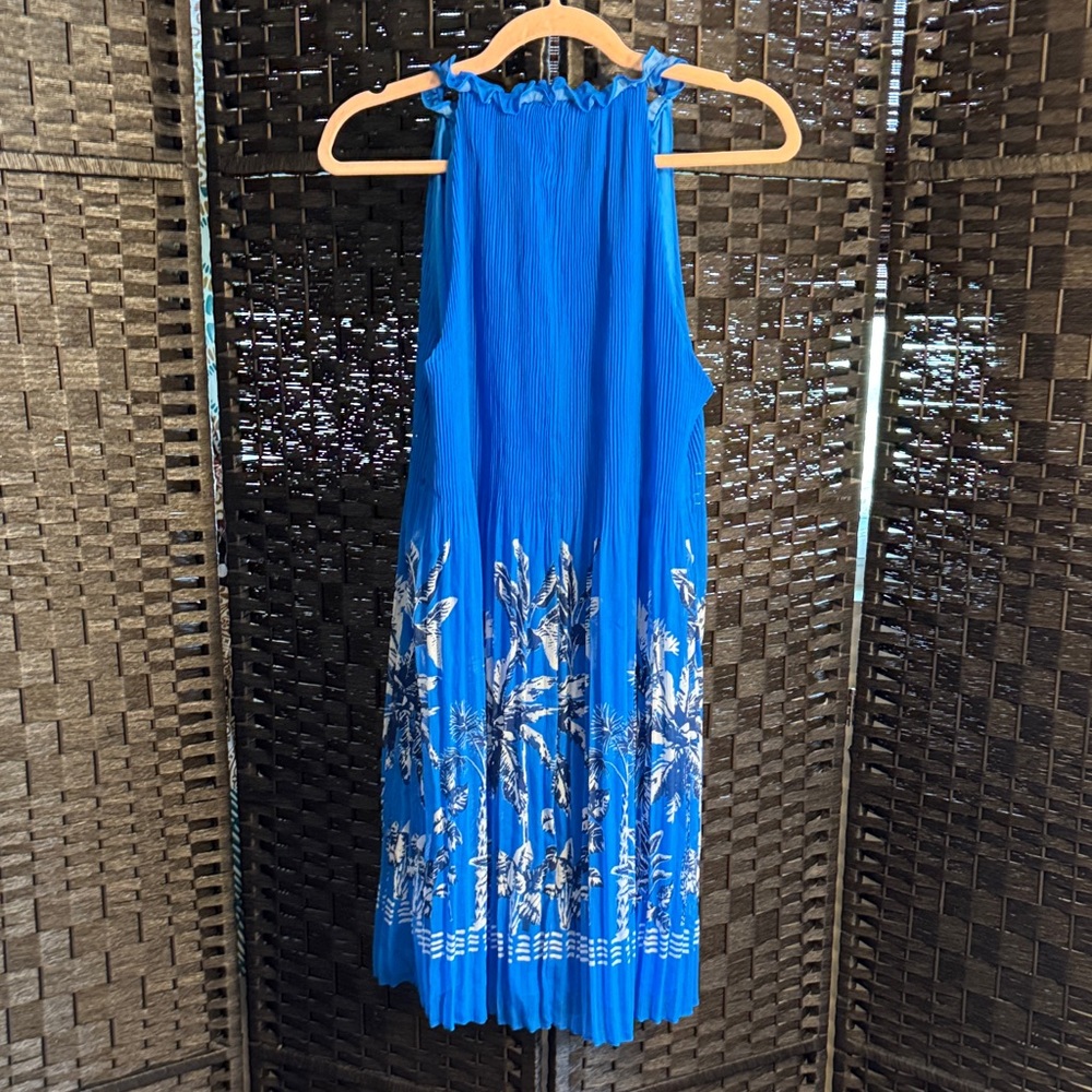 Skies Are Blue Raven Halter Neck Shift Dress Blue Pleated Palm Trees Size Large - Picture 5 of 9